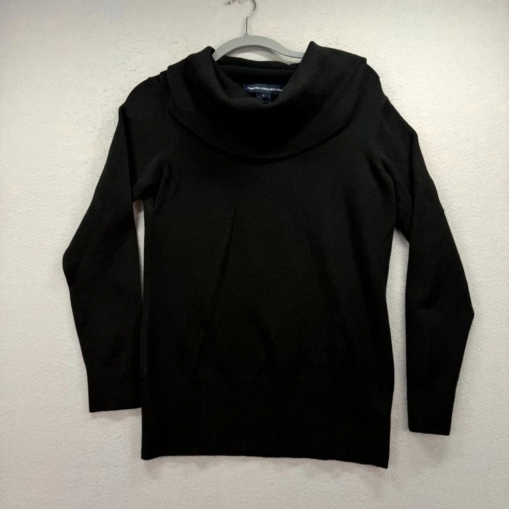 French Connection Tunic Sweater Womens Large‎ Black Knit Raglan Sleeve Cowl Neck
